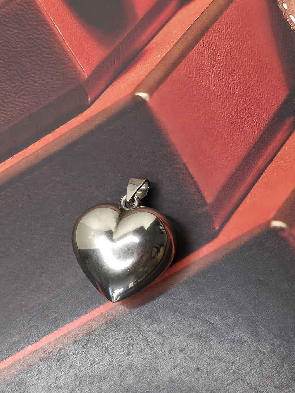 Vintage Heavy Silver Tone Puffed Heart Pendant 3D Chunky Bubble Charm 1.25"